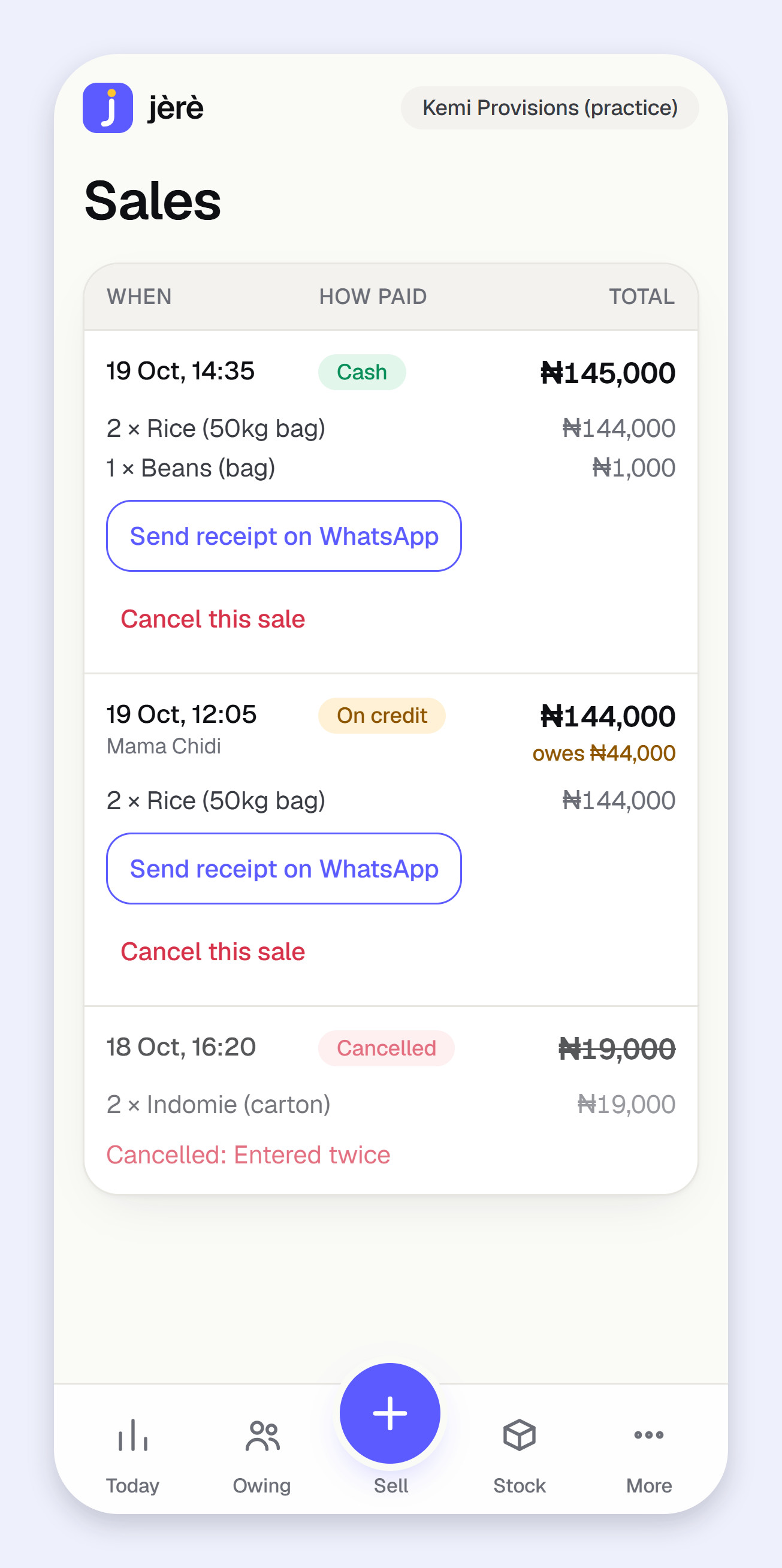 Jèrè sales screen with a list of sales and receipt sharing, using a practice business