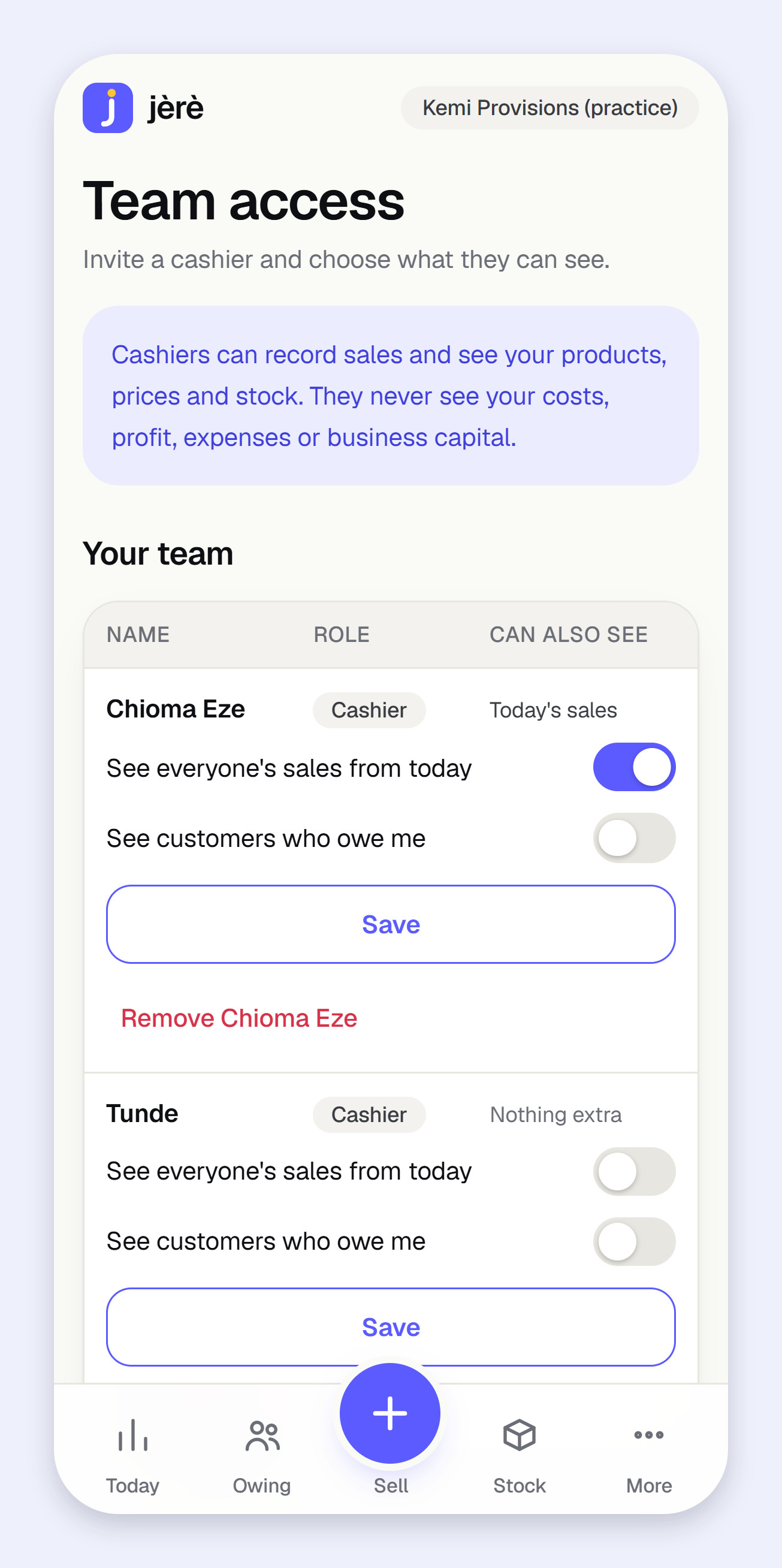 Jèrè team screen showing cashier access permissions, using a practice business